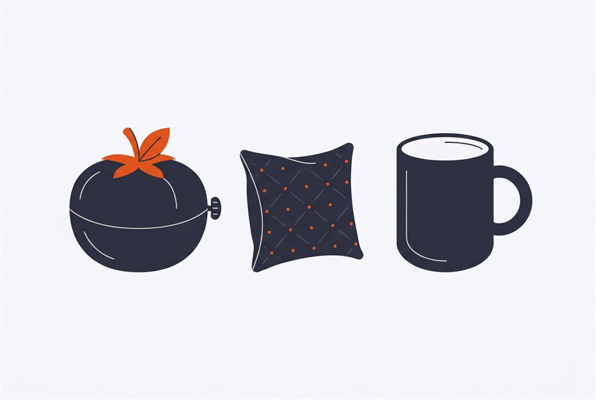 Flat illustration of a Pomodoro timer beside a cushion and mug, suggesting a gentler pace
