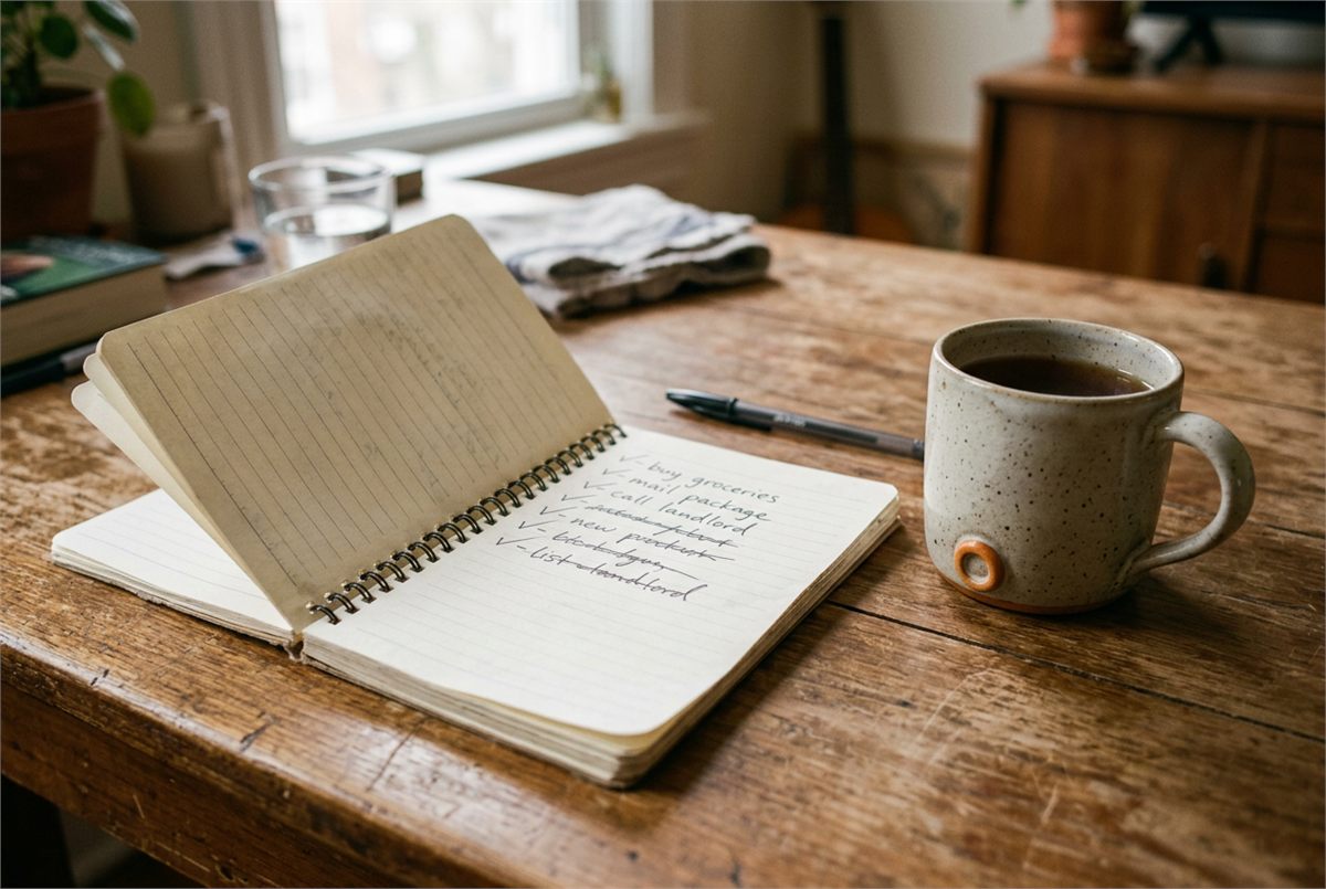 An open notebook with a short ticked-off list beside a mug