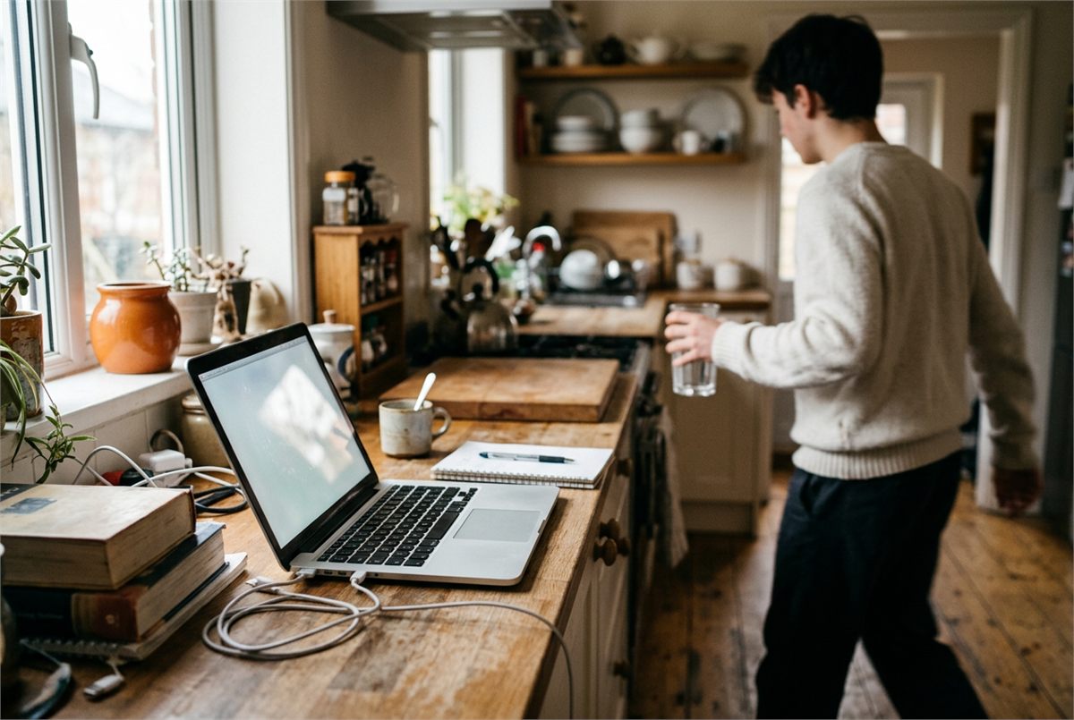 A laptop left open on a counter as a student steps away with a glass of water
