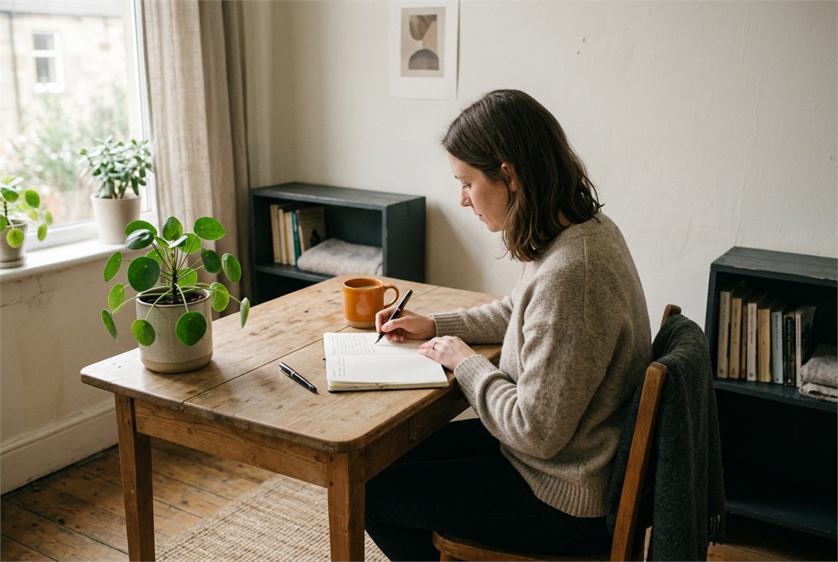 A muted, low-clutter study corner with a plain desk and a single plant