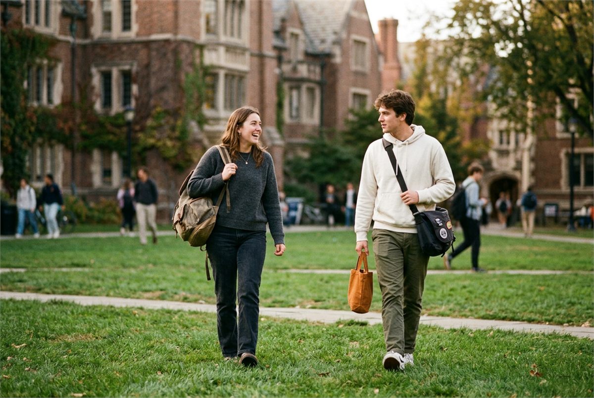 Two students walking and talking across a campus lawn