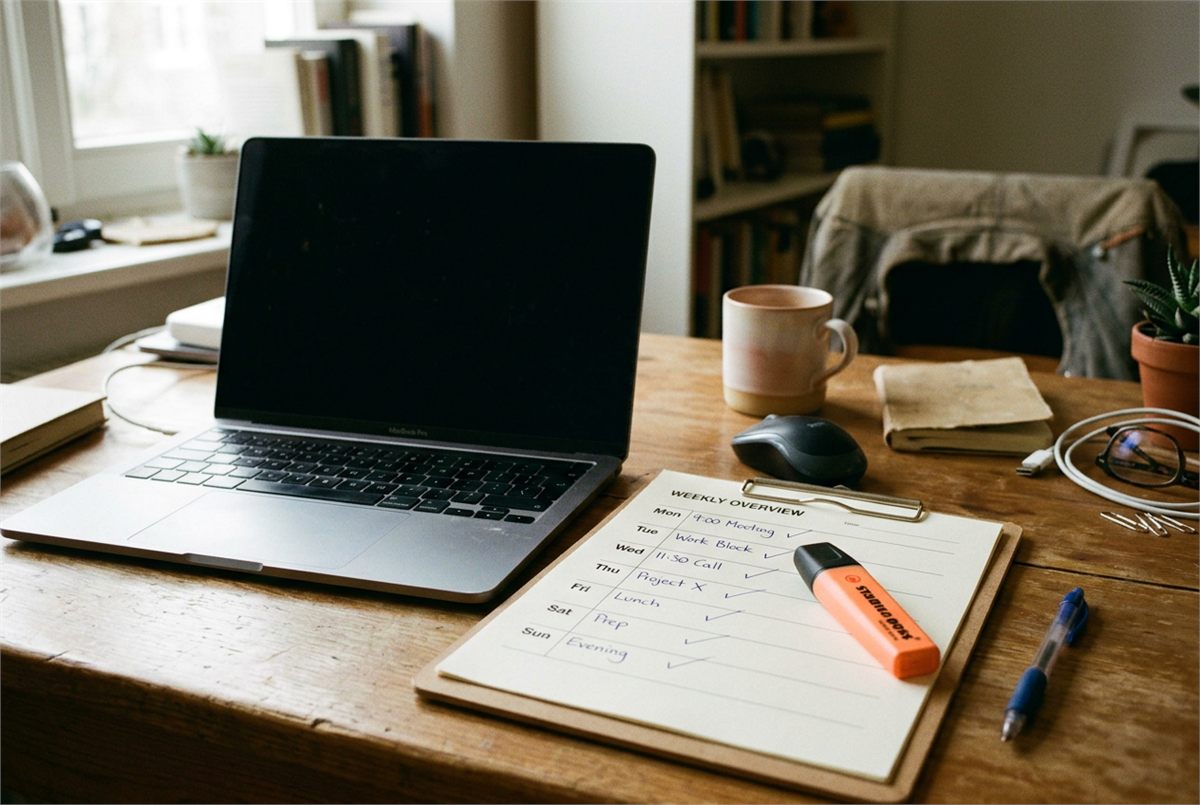 A laptop beside a printed weekly schedule and highlighter
