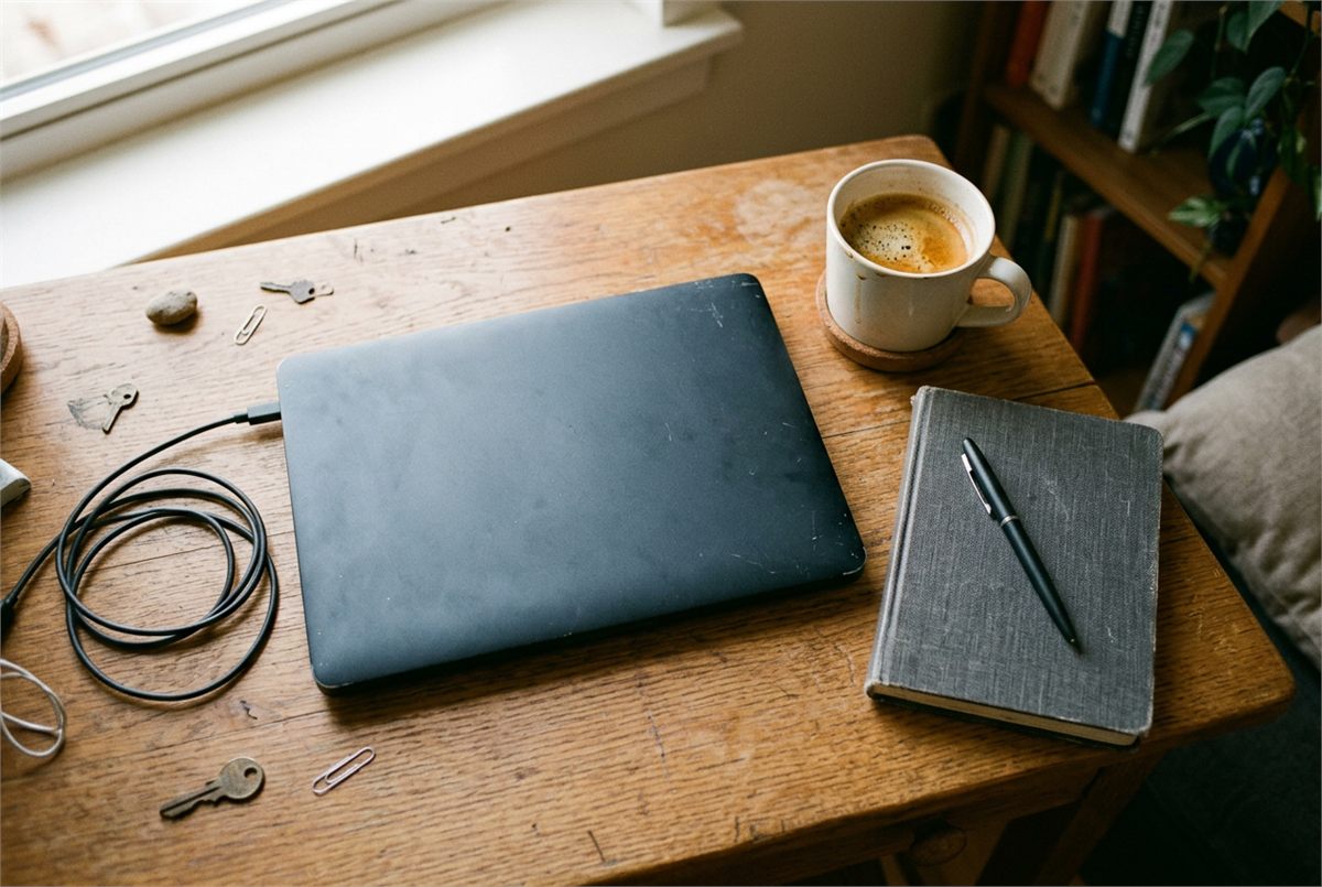 Flat lay of a closed laptop, coffee and a notebook with a pen