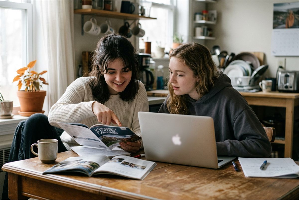 Two students reviewing college brochures and a laptop at a kitchen table