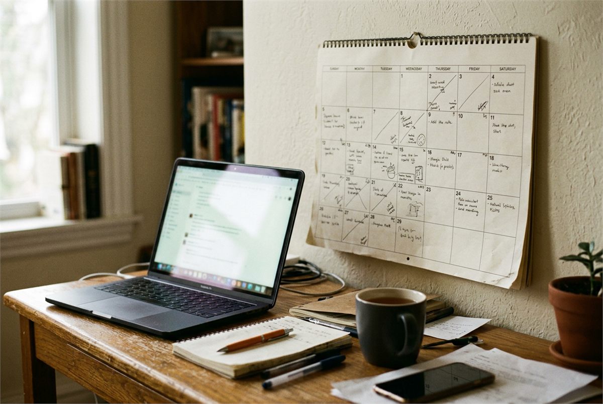 A laptop open beside a paper monthly calendar on a desk