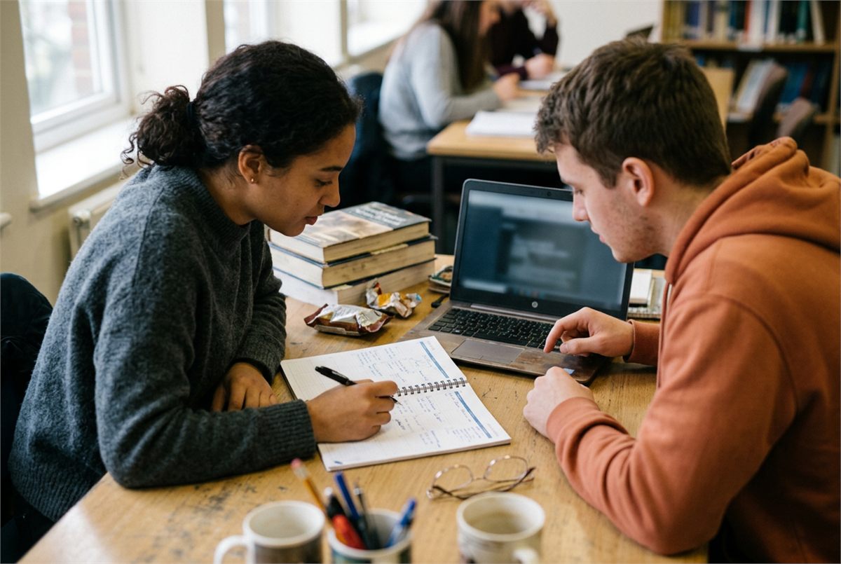 Overhead view of two students sharing a laptop and printed planner