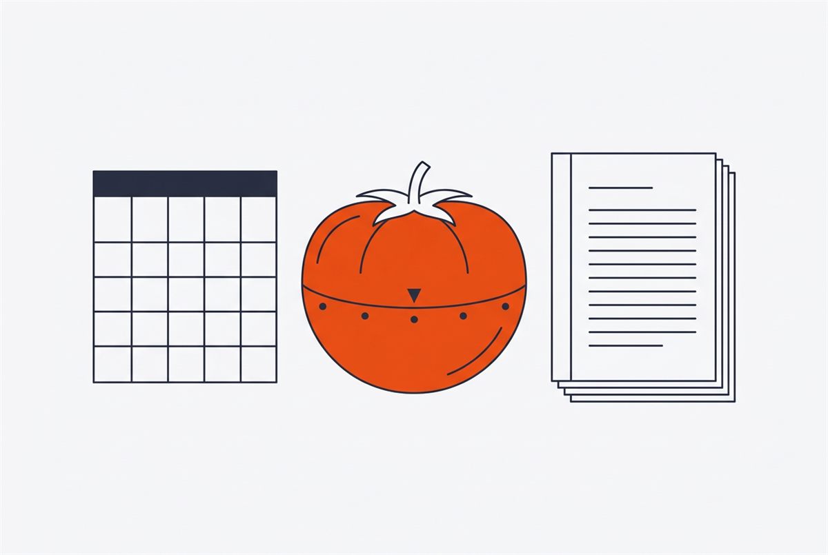 Flat illustration of a Pomodoro timer between a calendar grid and stacked pages
