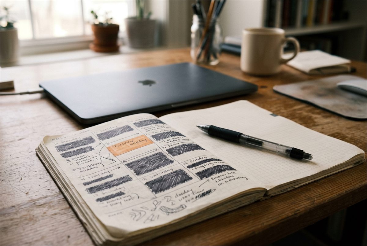 An open paper planner with a blocked-out week beside a closed laptop
