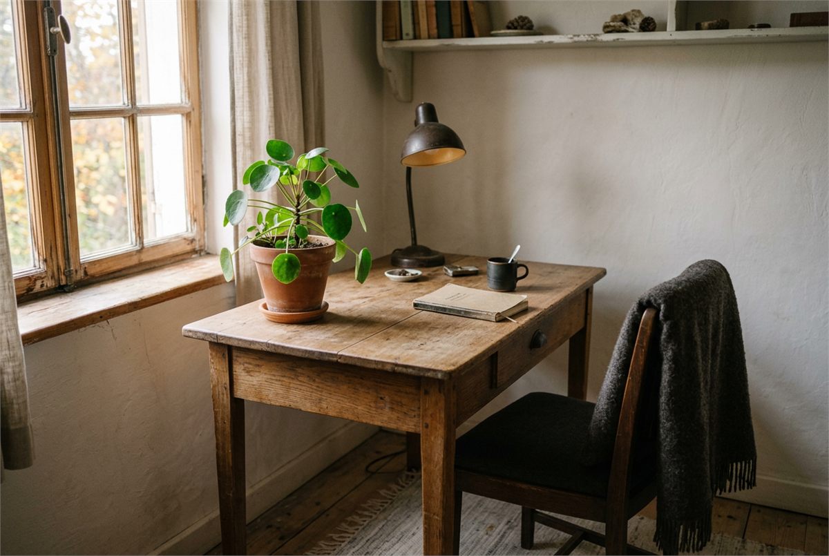 A calm, uncluttered study nook with a wooden desk and single plant