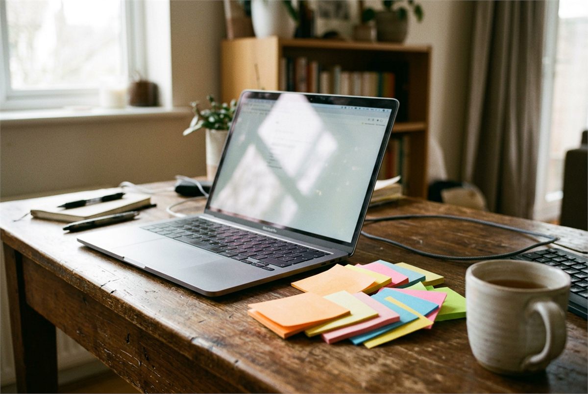 A laptop on a desk beside a fan of coloured sticky notes