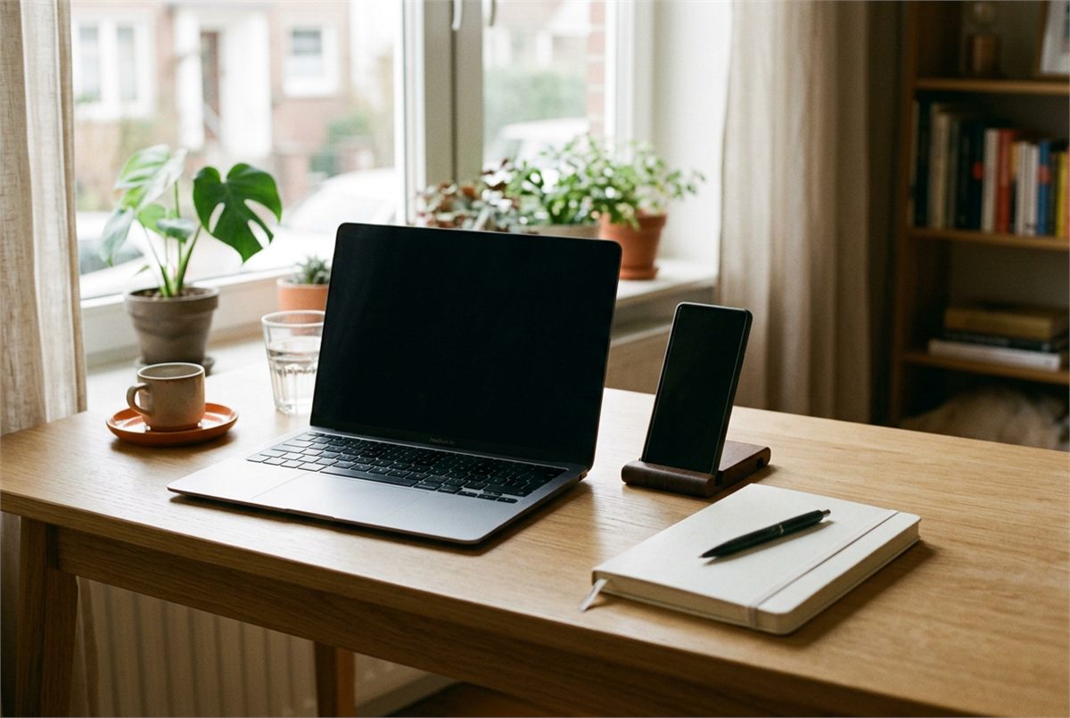 A clean desk setup with a laptop and a phone on a stand