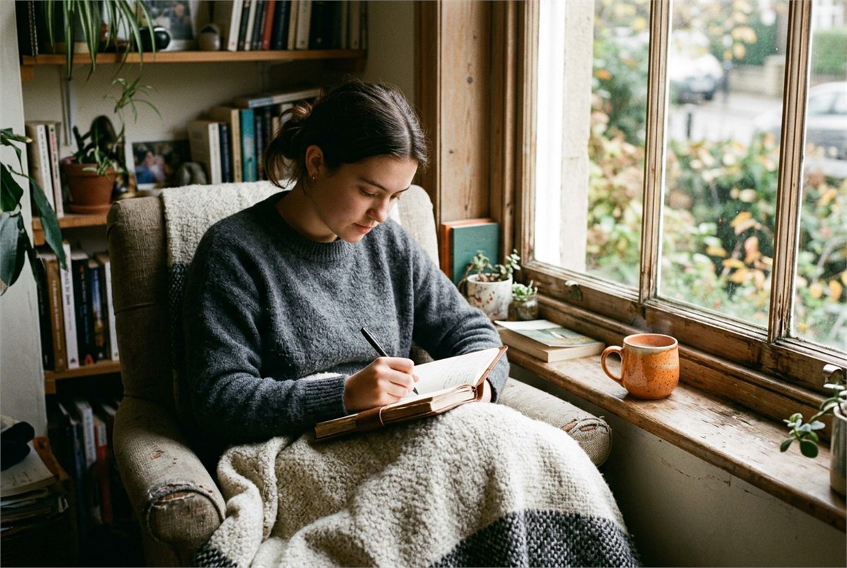 A student journaling in an armchair by a window with a blanket and mug