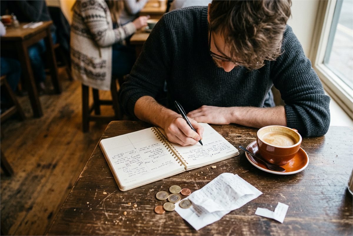 Overhead view of a student writing in a planner beside coins and a receipt