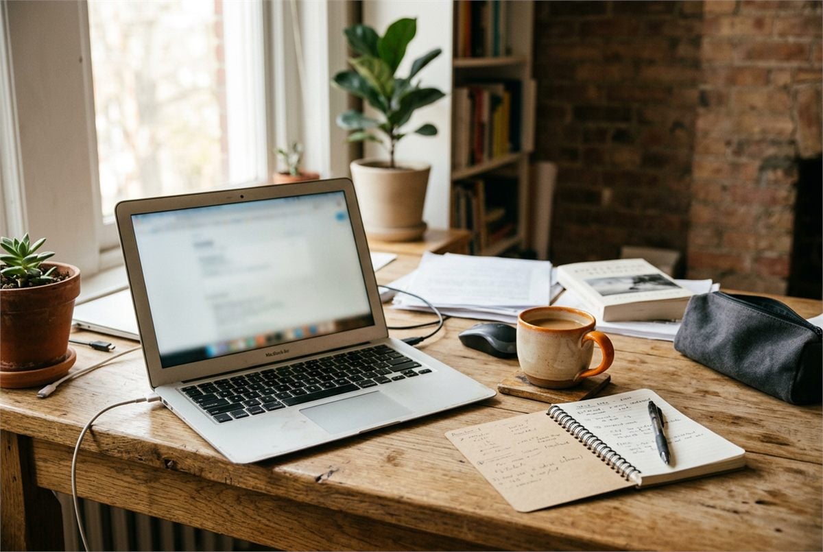 A workspace with a laptop, coffee and a small notepad