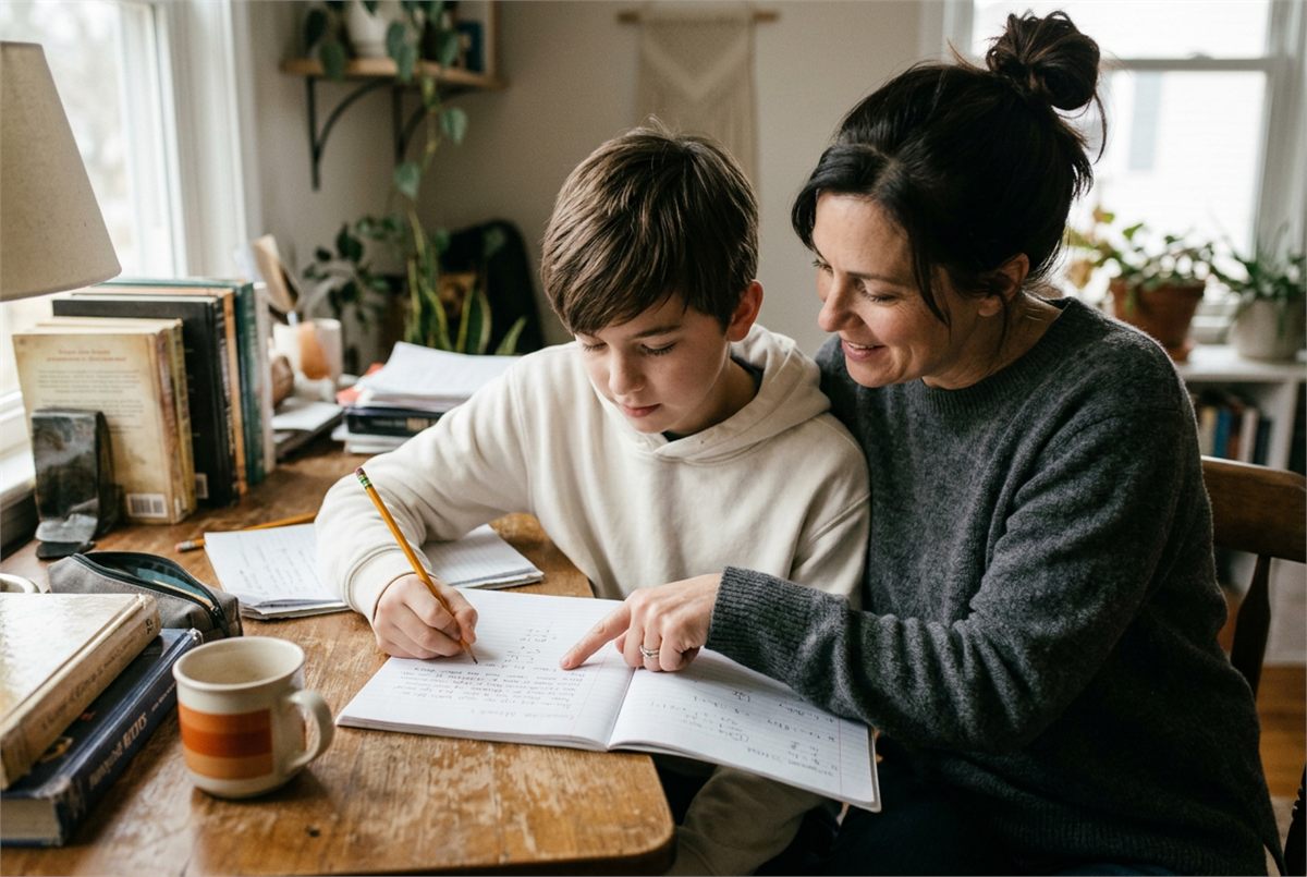 A parent coaching a middle school student at a desk while the student writes