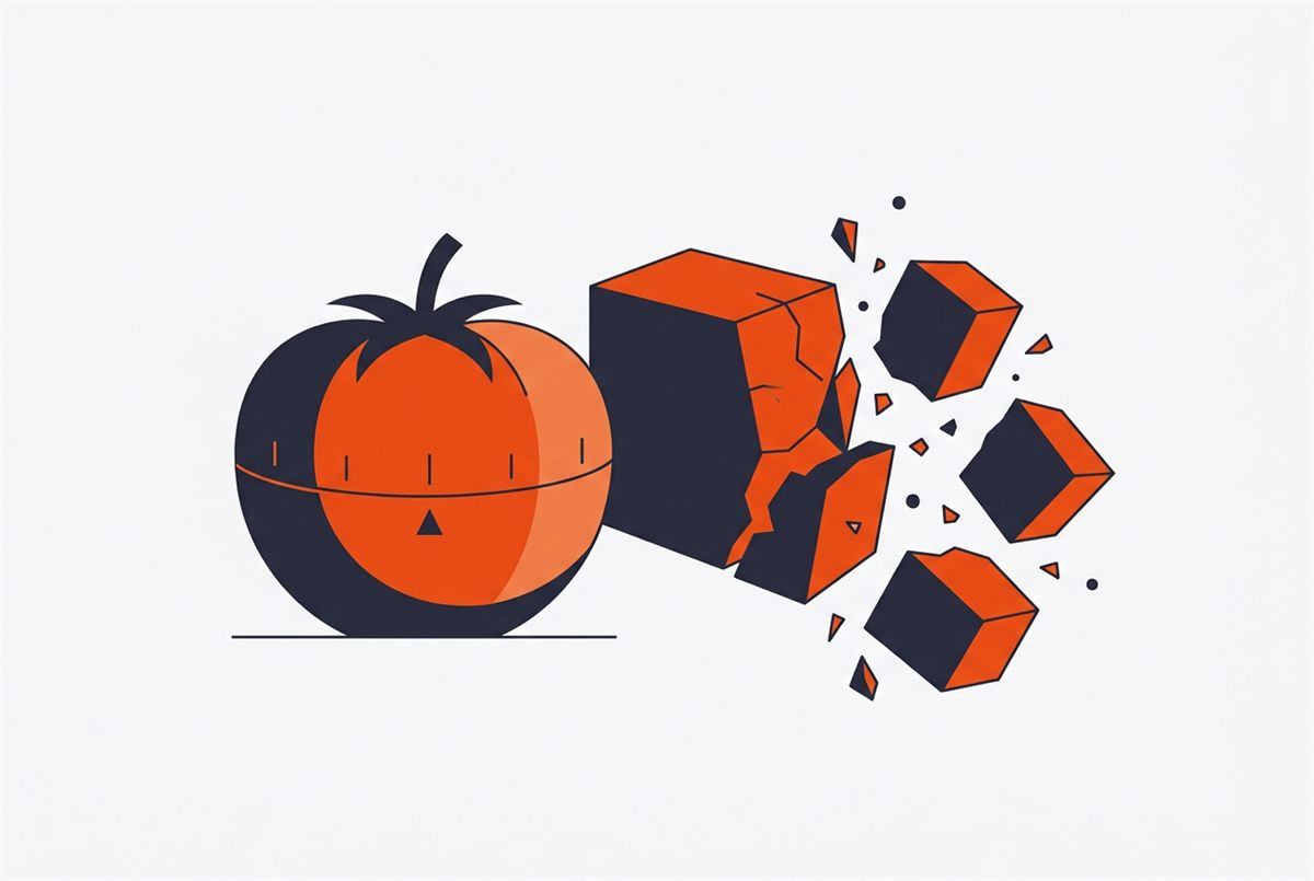 Flat illustration of a Pomodoro timer beside a large task breaking into smaller steps