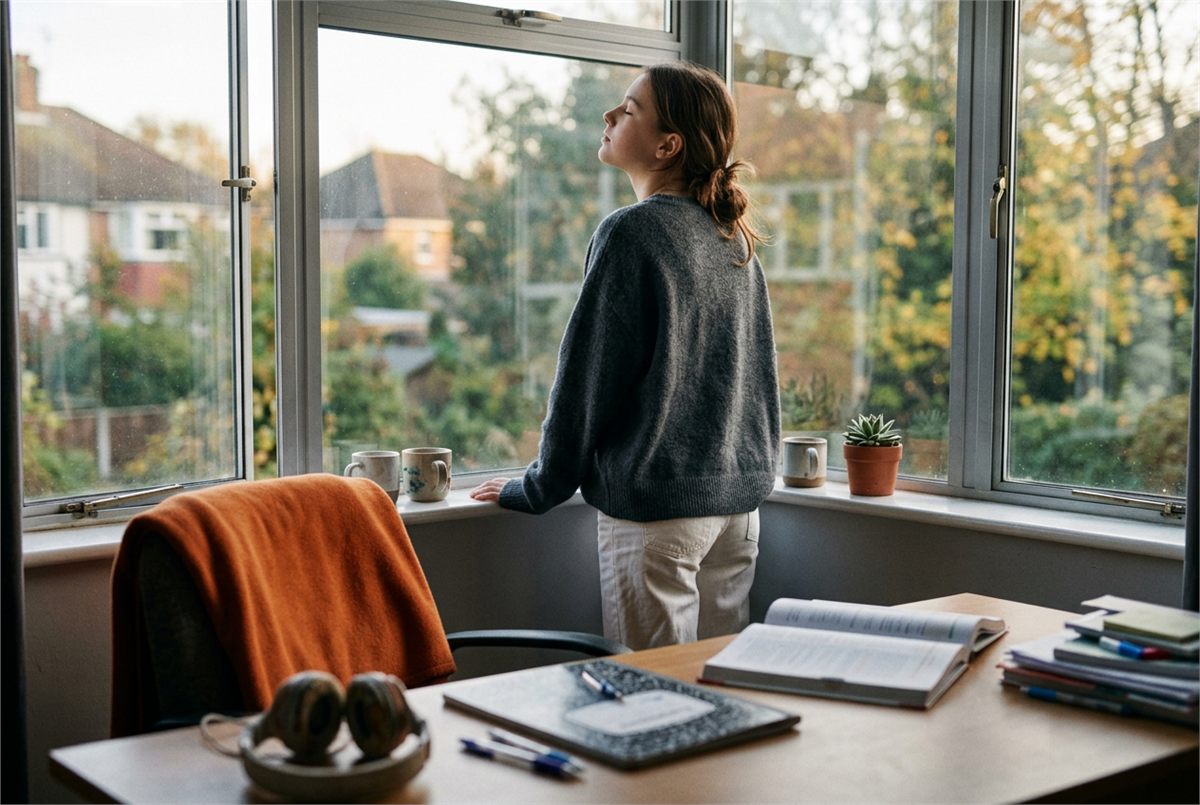 A teenager pausing at a window with homework left open on the desk behind