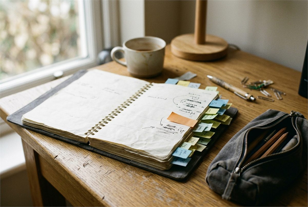 An open paper planner edged with coloured sticky notes beside a pencil case