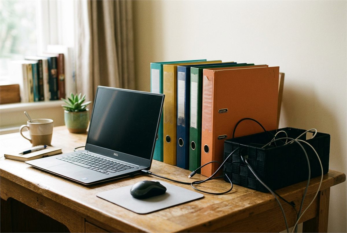 A laptop beside neatly stacked coloured folders on a desk