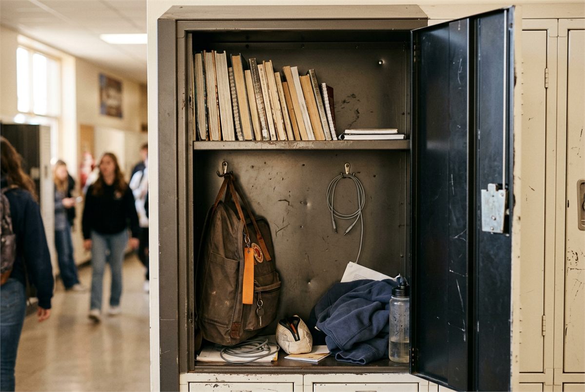 A tidy school locker with upright books and a bag on a hook