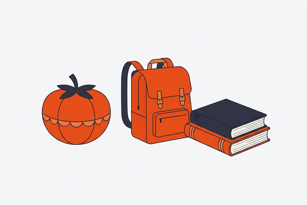 Flat illustration of a Pomodoro timer beside a backpack and two books