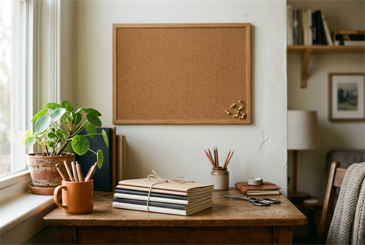 A freshly organised study nook with new notebooks, a plant and an empty pinboard