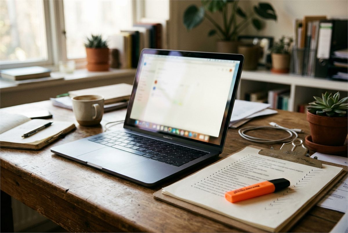 A laptop beside a printed list on a clipboard and a highlighter