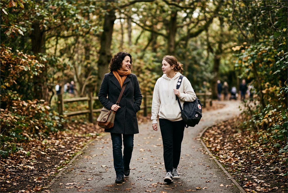 A parent and teenager walking and talking on a tree-lined path