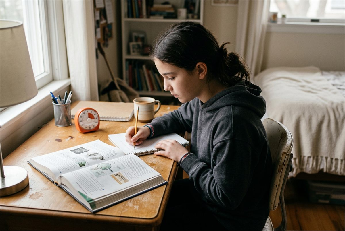 A middle school student working independently at a tidy desk