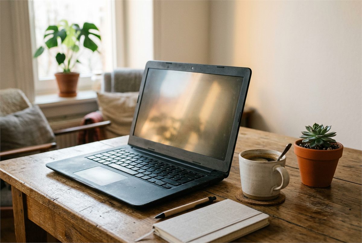 A laptop on an uncluttered desk beside a small plant and coffee