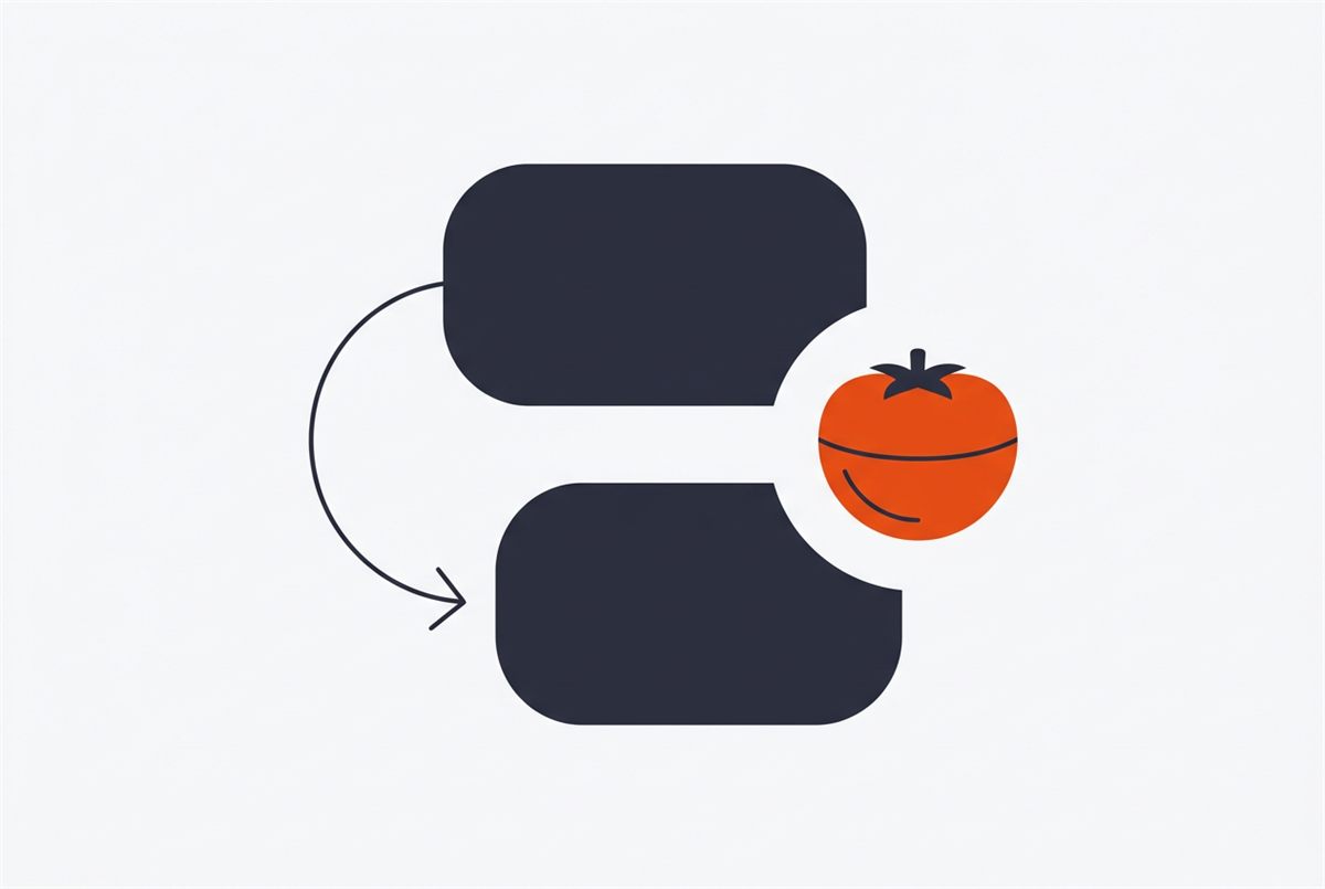 Flat illustration of two tools linked by an arrow beside a Pomodoro timer