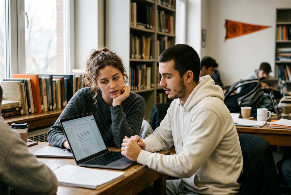 Two students leaning in over a shared laptop at a desk