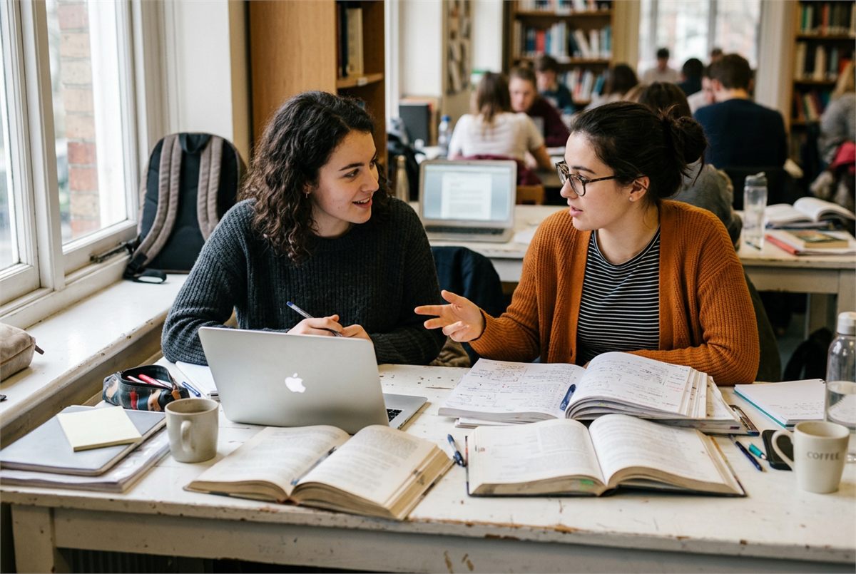 Two students discussing notes at a desk with a laptop and open books