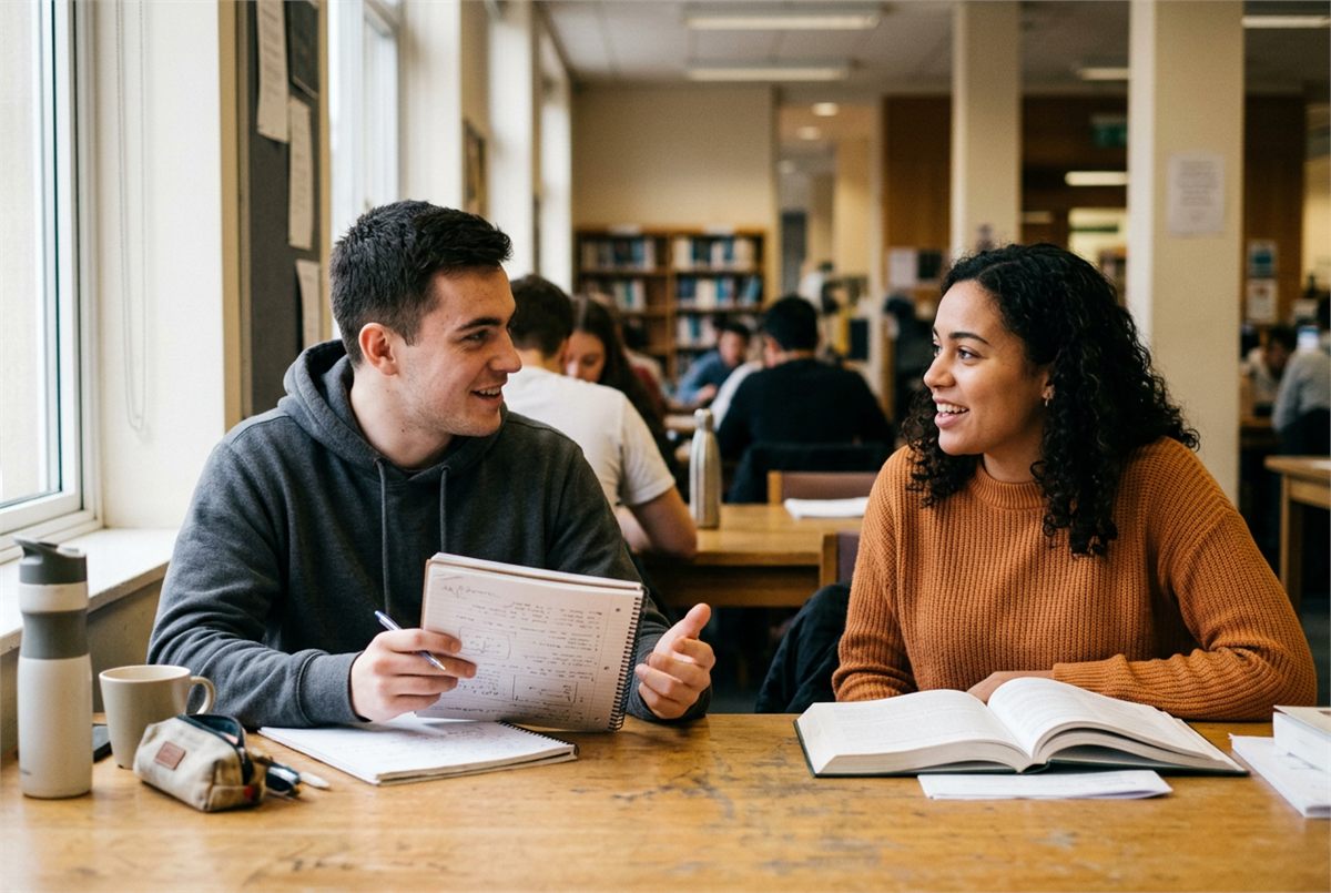 Two students doing a study check-in at a table with a notebook