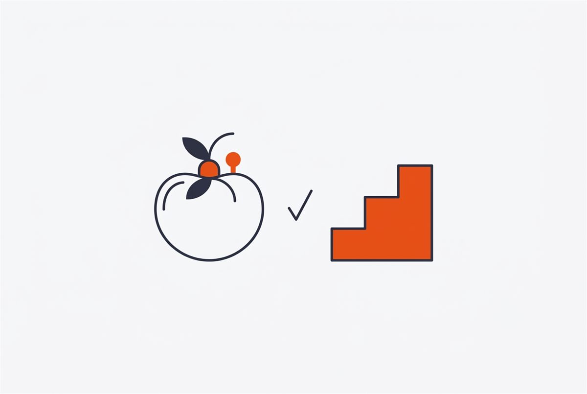 Flat illustration of a Pomodoro timer beside a tick mark and rising steps