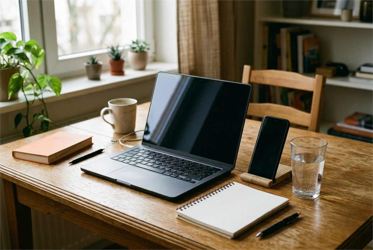 A tidy student desk with a laptop, phone on a stand and a glass of water