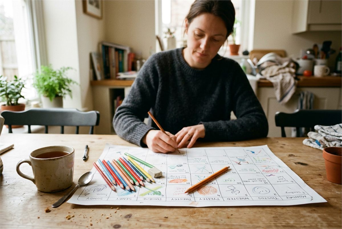 A family kitchen table with a paper weekly grid and coloured pencils