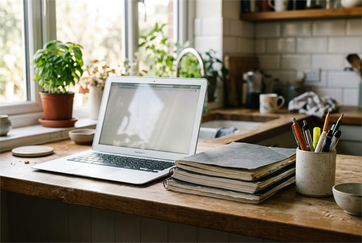 A laptop on a kitchen counter beside a stack of workbooks