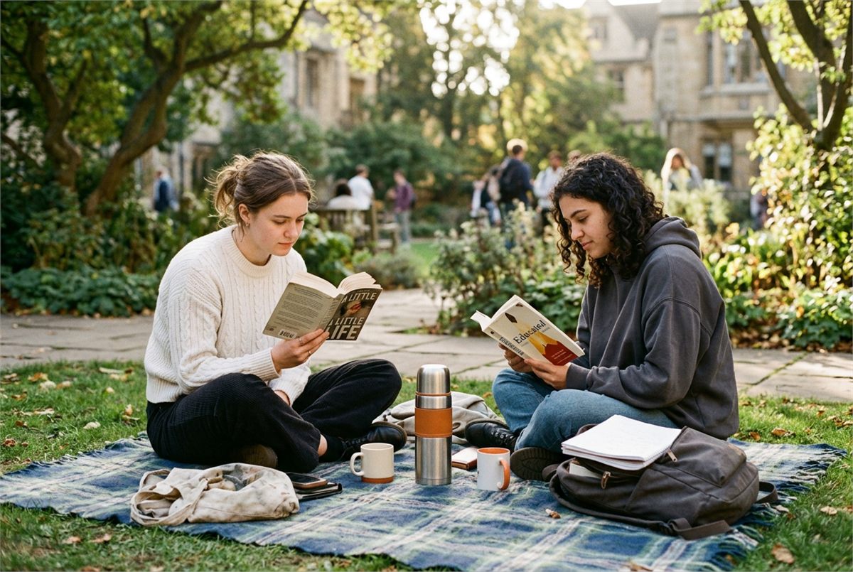 Two students reading outdoors on a blanket with books and a flask
