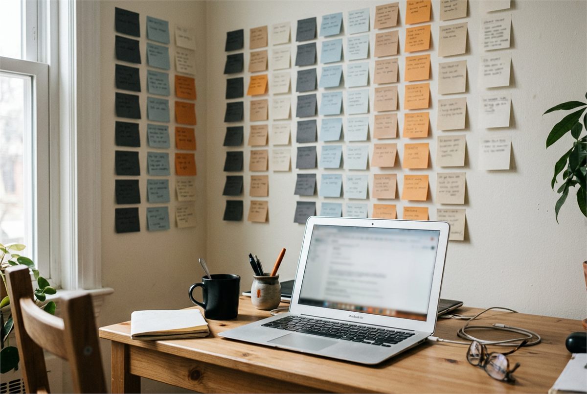 A laptop below a wall of coloured sticky notes arranged in columns