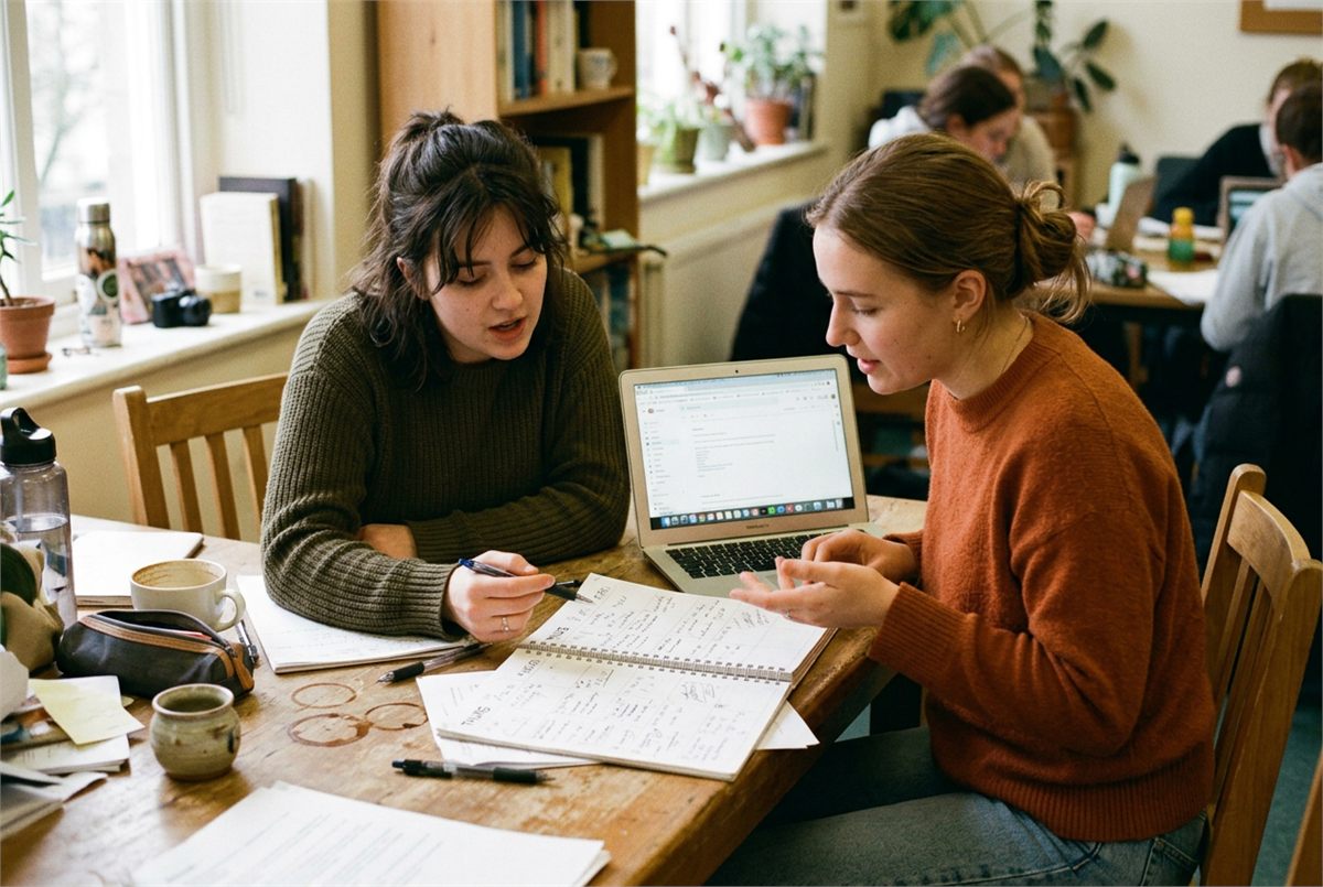 Two students reviewing the week over a laptop and paper planner