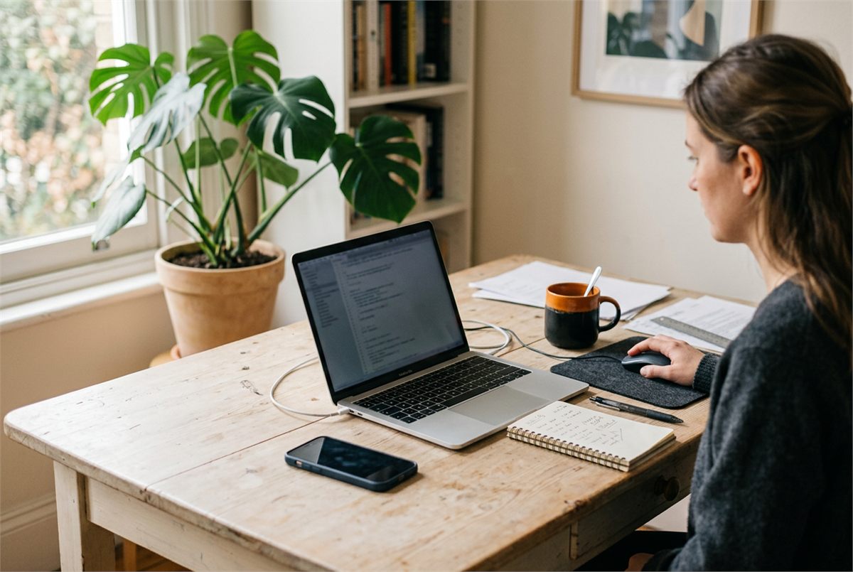 A clean study setup with a laptop, smartphone and a plant