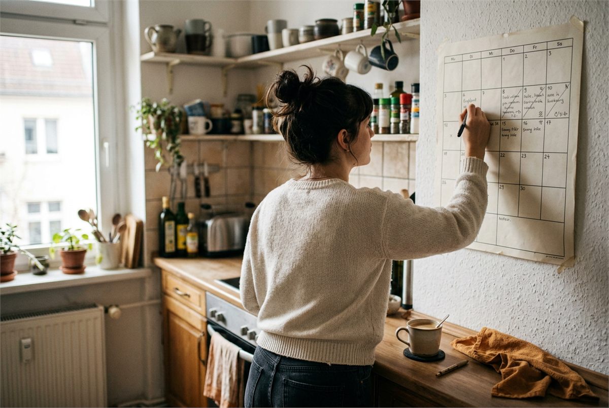 A young adult filling in a paper wall calendar in an apartment kitchen