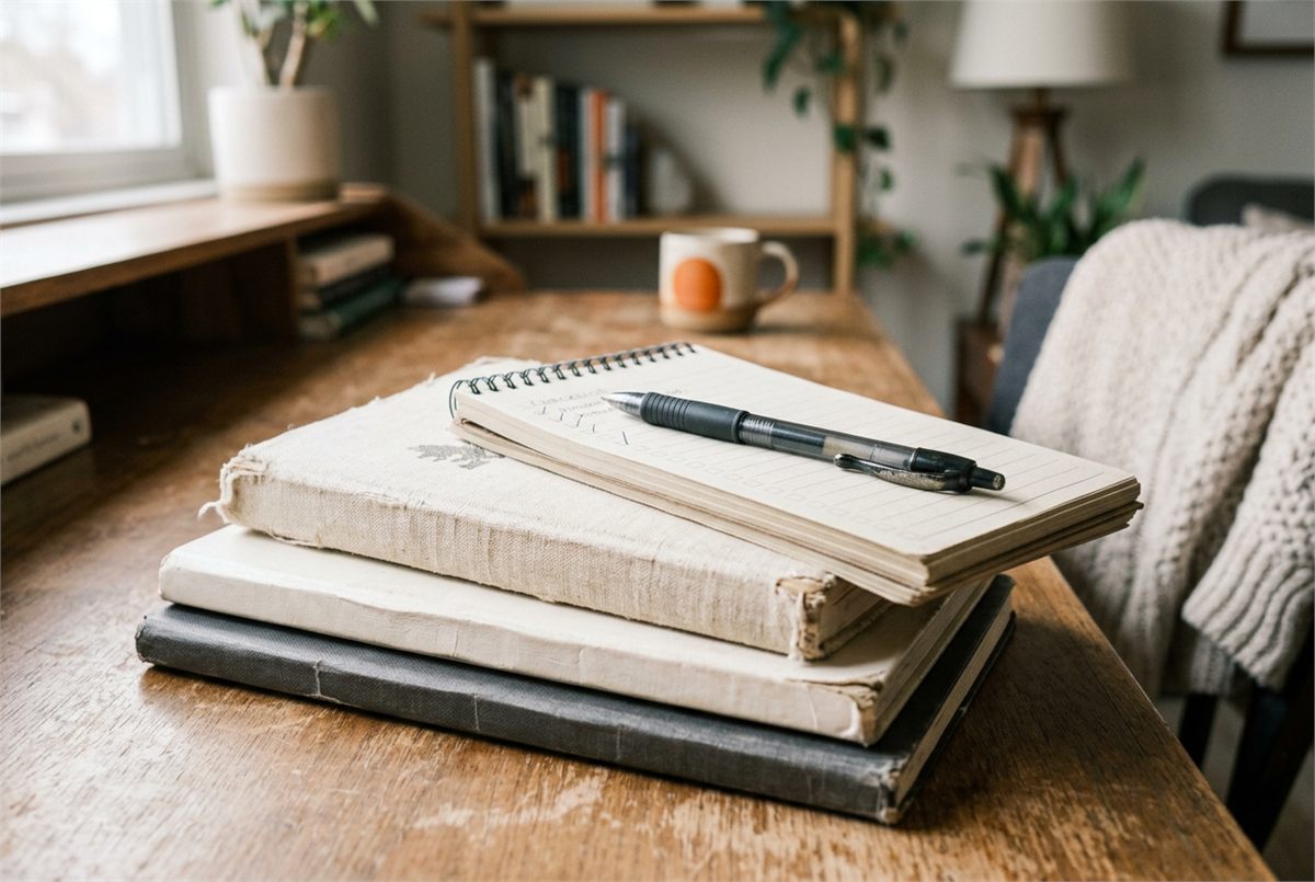 A stack of paper planners and a checklist pad with a pen on top