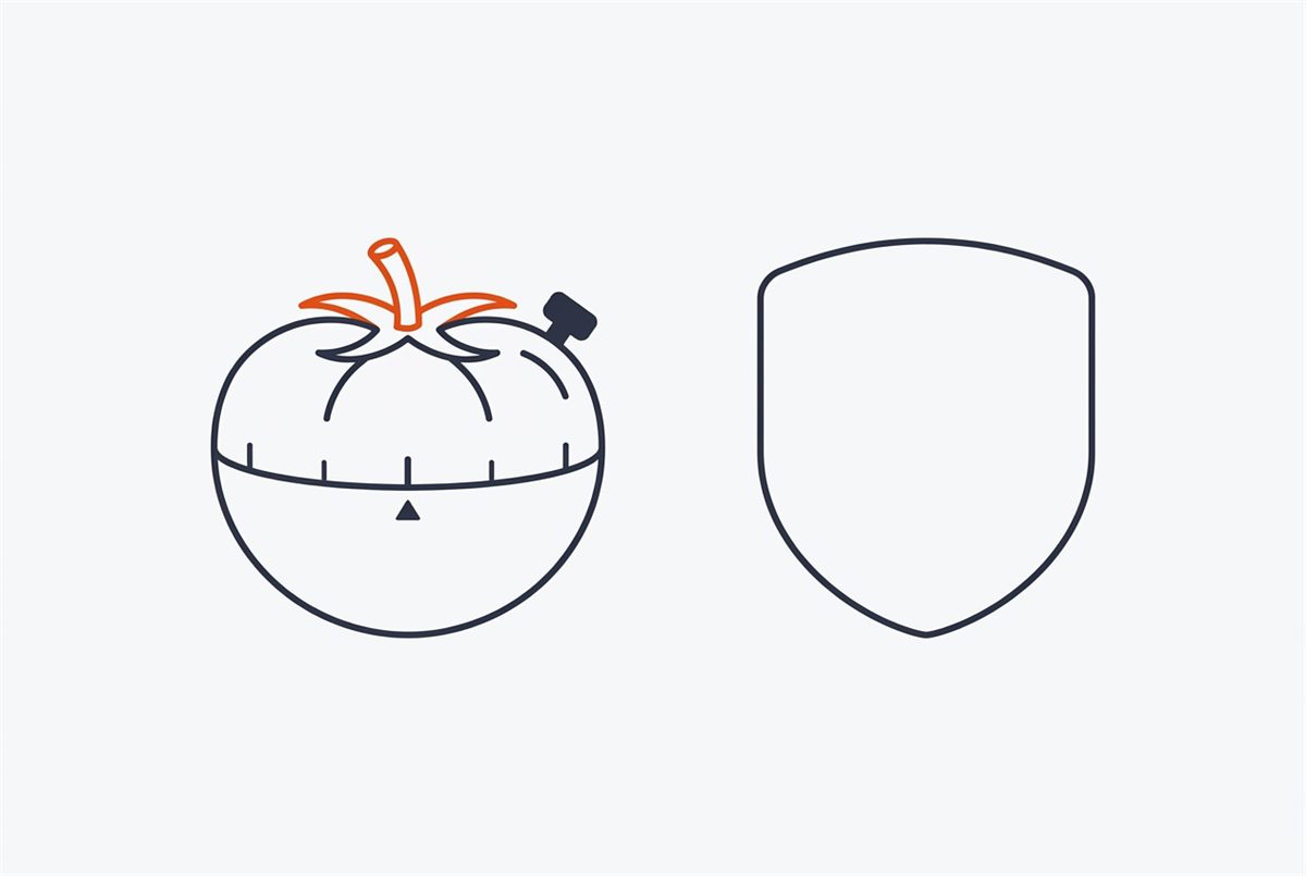 Flat illustration of a Pomodoro timer beside a shield, representing protected focus time