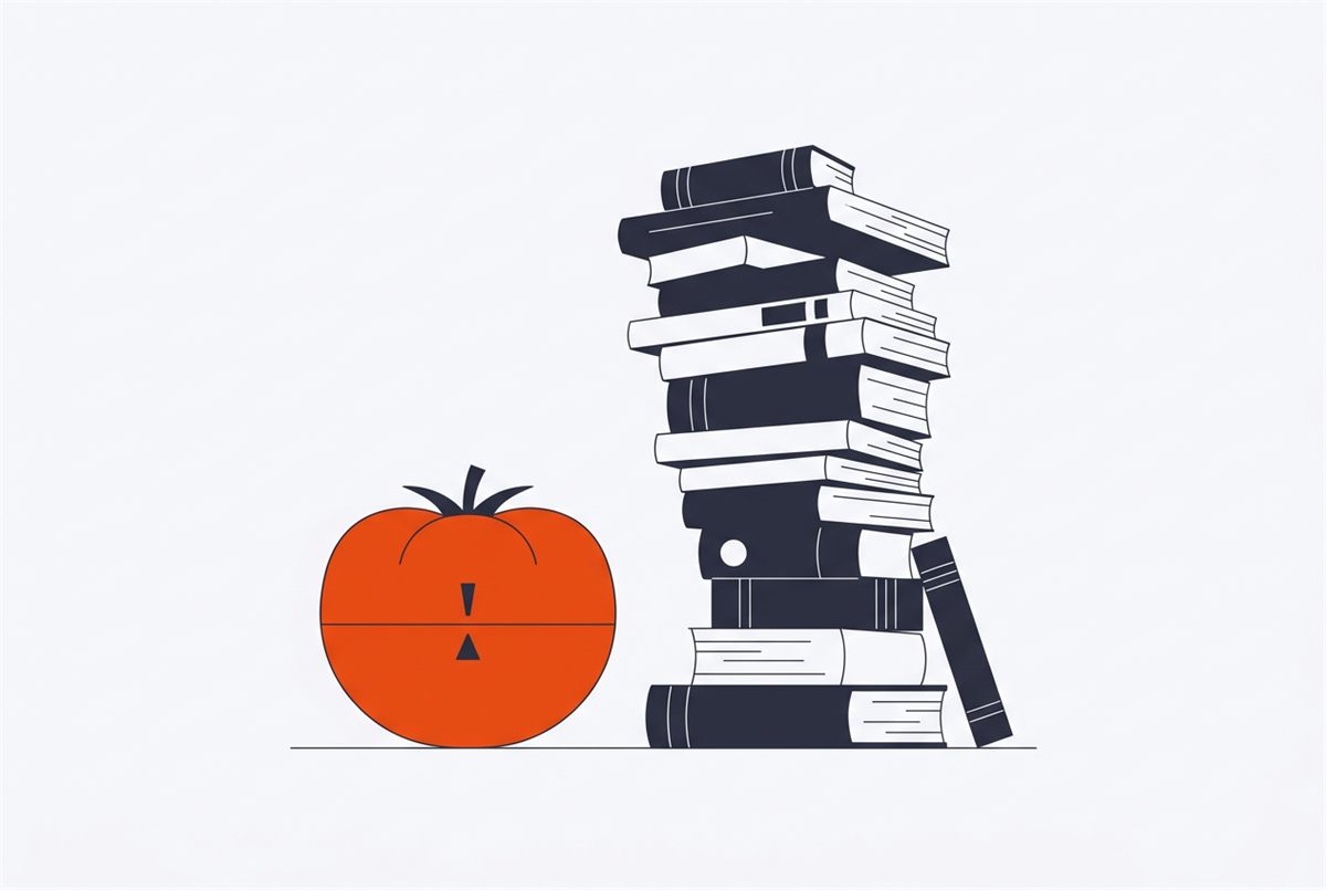 Flat illustration of a Pomodoro timer beside a leaning tower of books