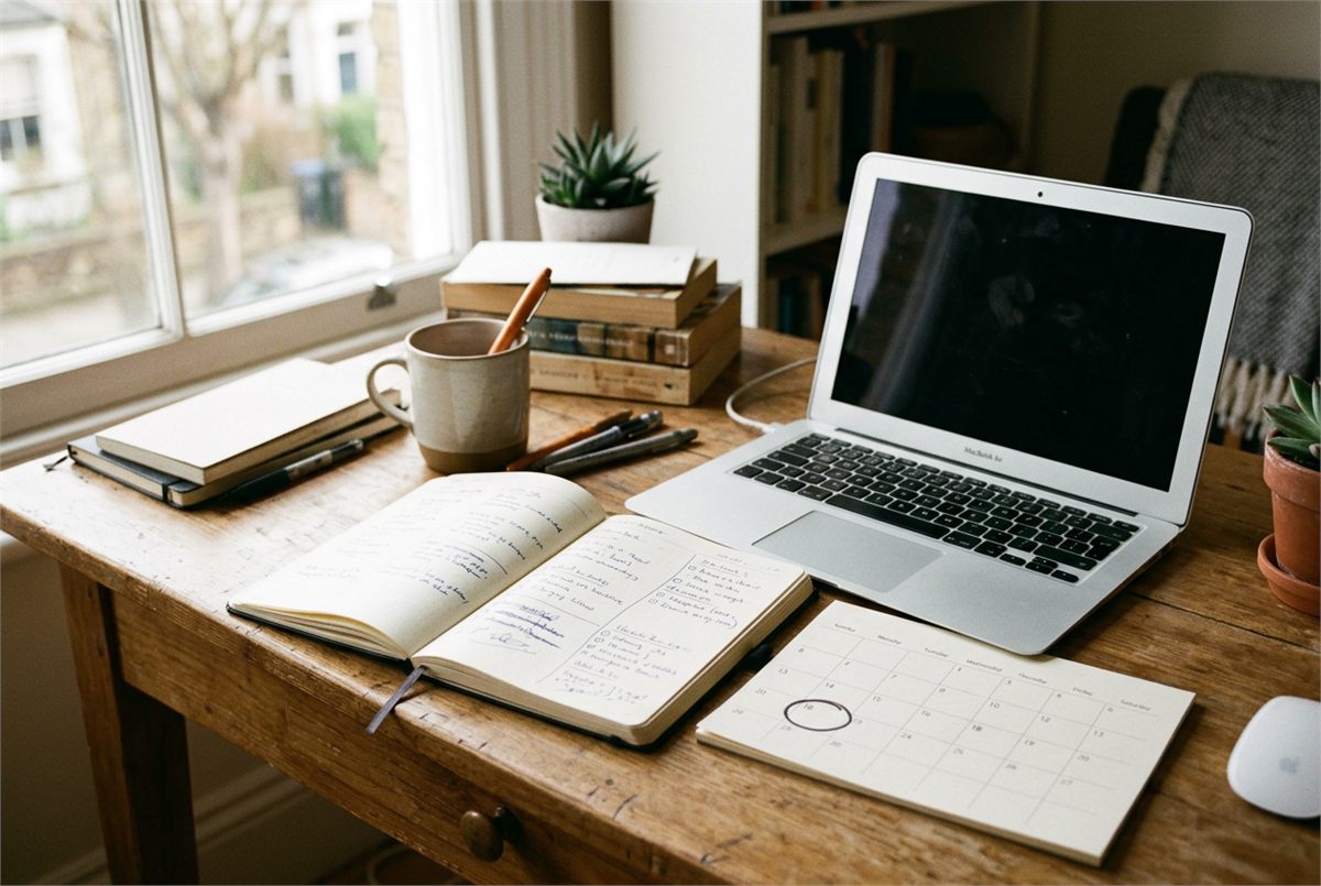 An organised workspace with a planner, laptop and a date circled on a calendar