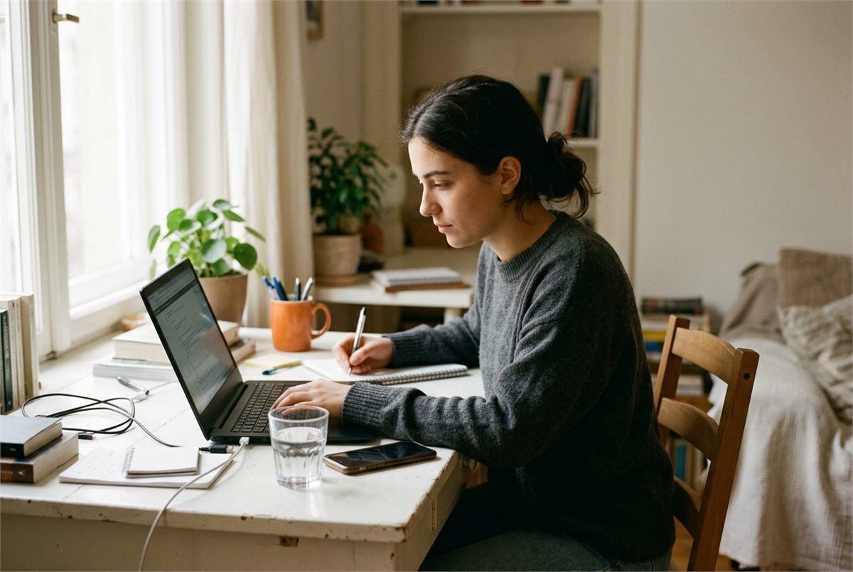 A student at a clean white desk with water, a laptop and a phone