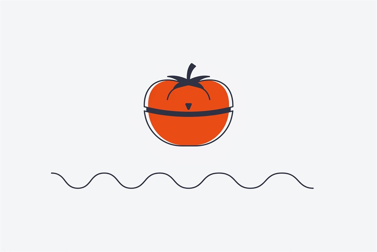 Flat illustration of a Pomodoro timer above a repeating wave, showing work rhythm