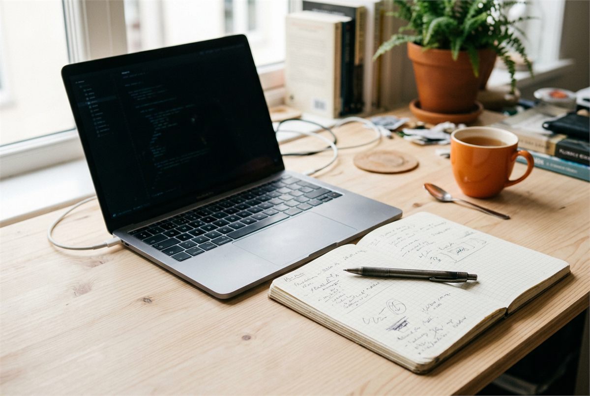 A laptop on a clean workspace with a notebook and pen squared beside it